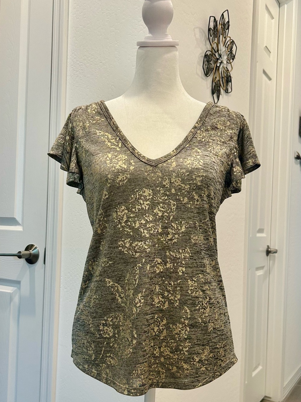 White House Black Market Olive Green Metallic Floral V-Neck Top